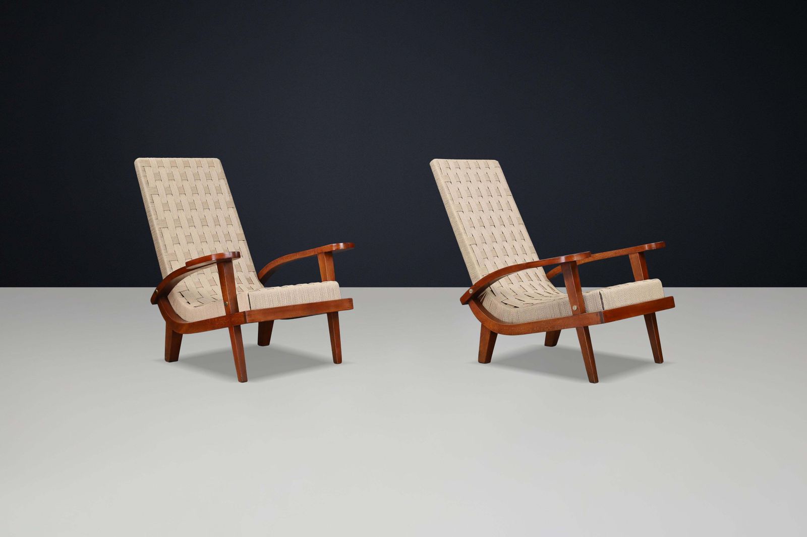 Pair Of Italian Mid Century Lounge Chairs With Webbing, Italy, 1940s photo buy