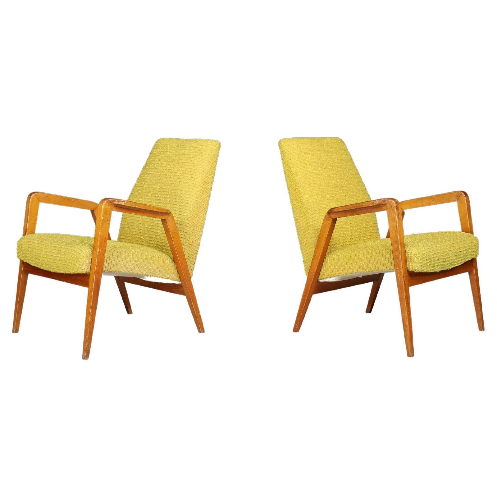 Mid Century Modern Lounge Chairs In Original Lemon Upholstery, Praque 1950s