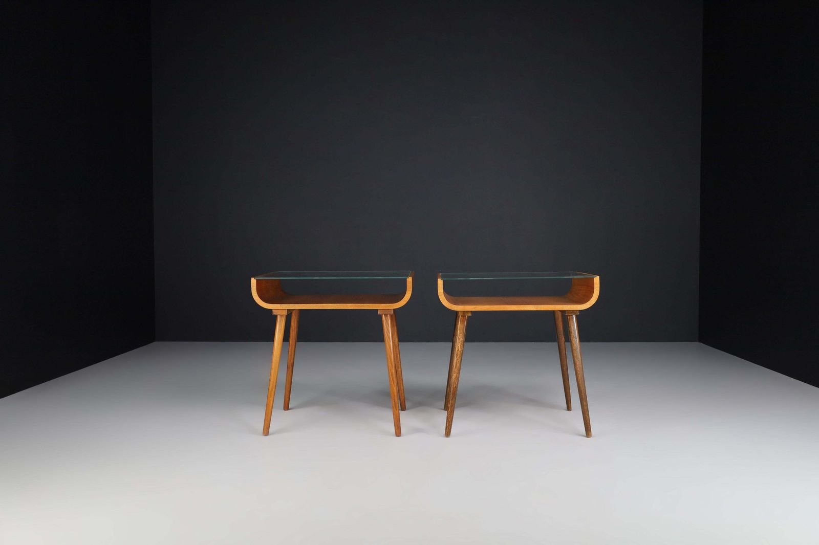 Pair Of Mid Century Beechwood And Glass Side Tables, Prague, 1950s photo vinterior