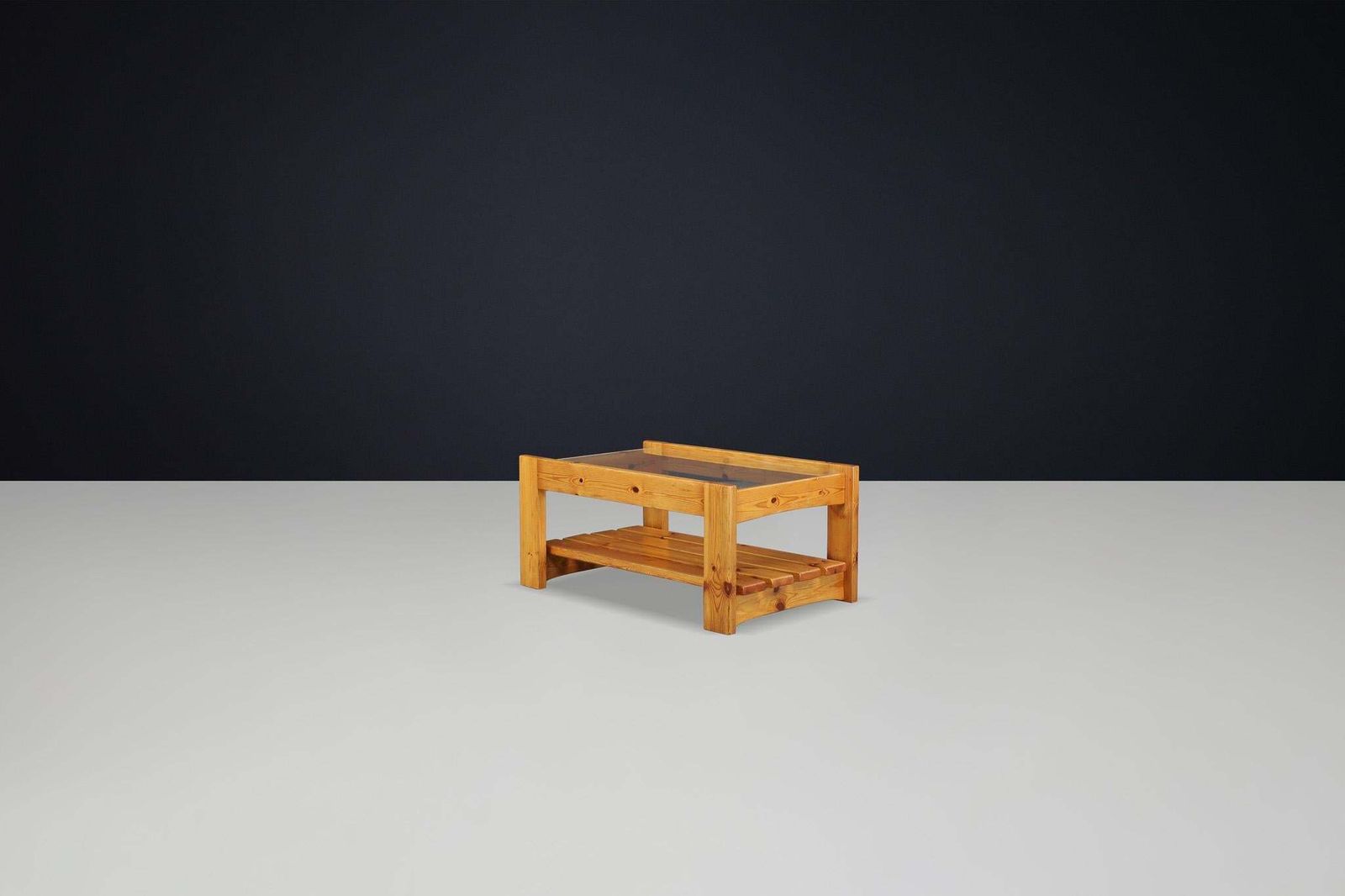 Modern Coffee Table In Pine And Smoked Glass By Maison Regain, France 1970s. photo vintage