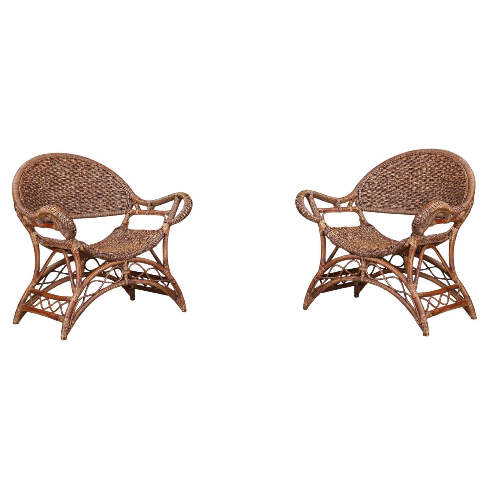 Set Of Two Sculptural Rattan And Bamboo Lounge Chairs, Spain, 1960s