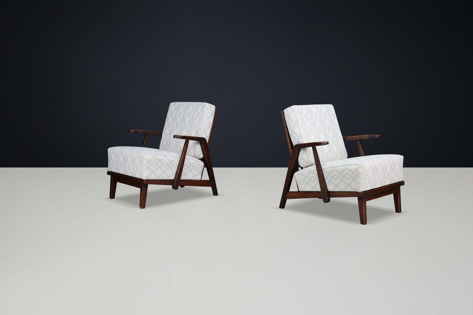 Sculptural 1950s Czech Oak Lounge Chairs – Mid Century Modern, Newly Upholstered photo furniture