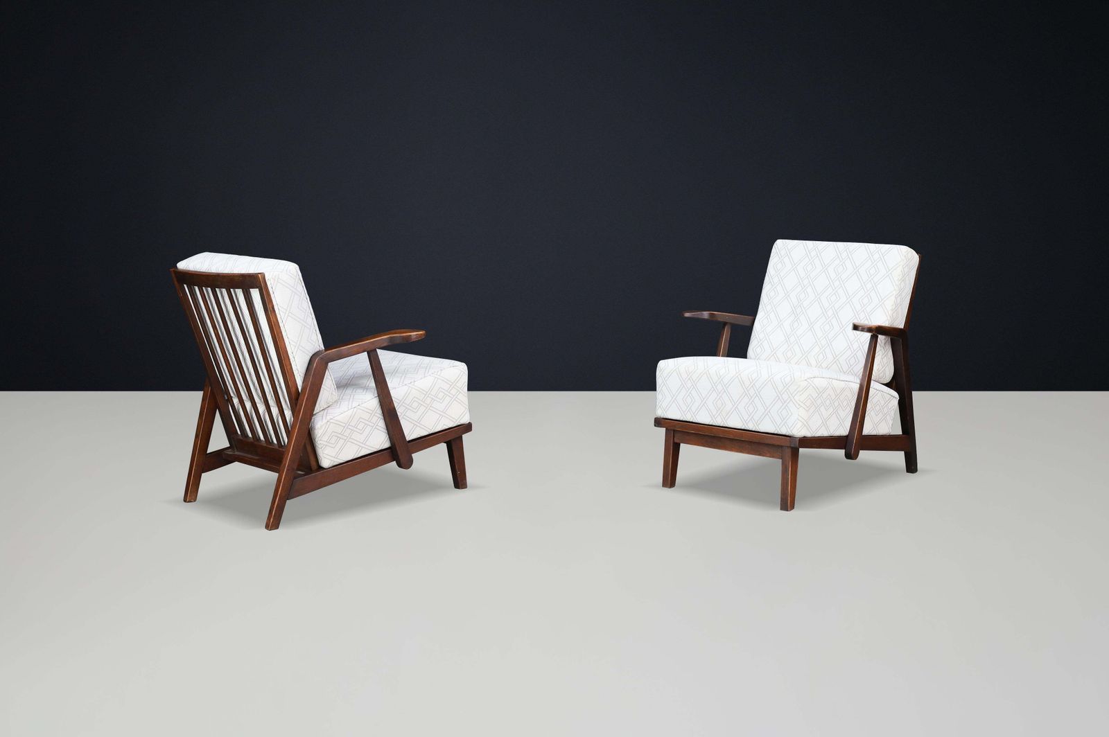 Sculptural 1950s Czech Oak Lounge Chairs – Mid Century Modern, Newly Upholstered photo vintage