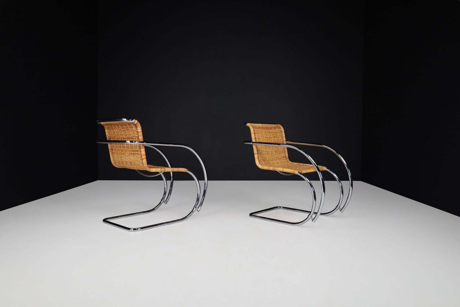 Mies Van Der Rohe Mr20 Chrome & Wicker Lounge Chairs, 1970s photo vinterior