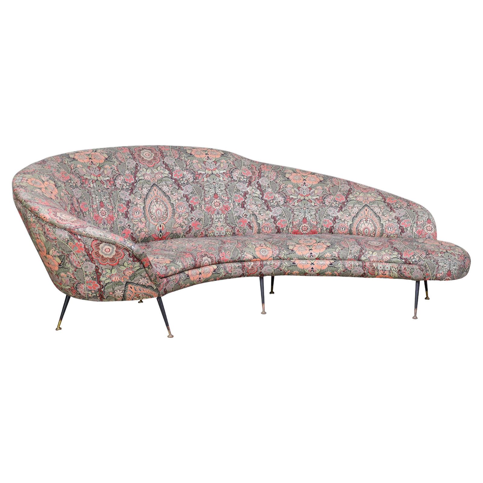 Federico Munari Curved Sofa In Original Floral Upholstery With Brass Feet, Italy