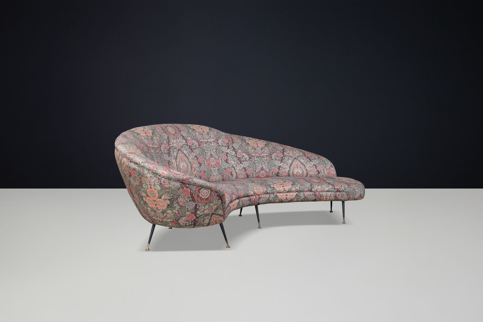 Federico Munari Curved Sofa In Original Floral Upholstery With Brass Feet, Italy photo vintage