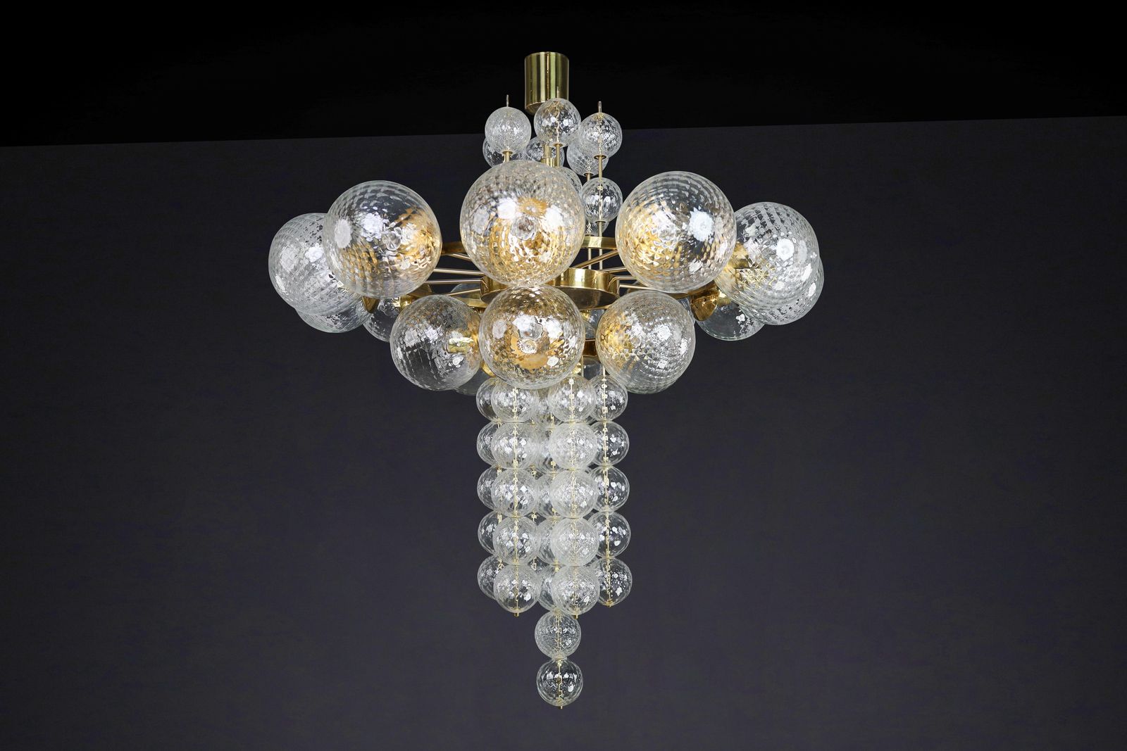 Large Chandelier With Brass Fixture And Hand Blowed Glass Globes By Preciosa Cz. photo furniture