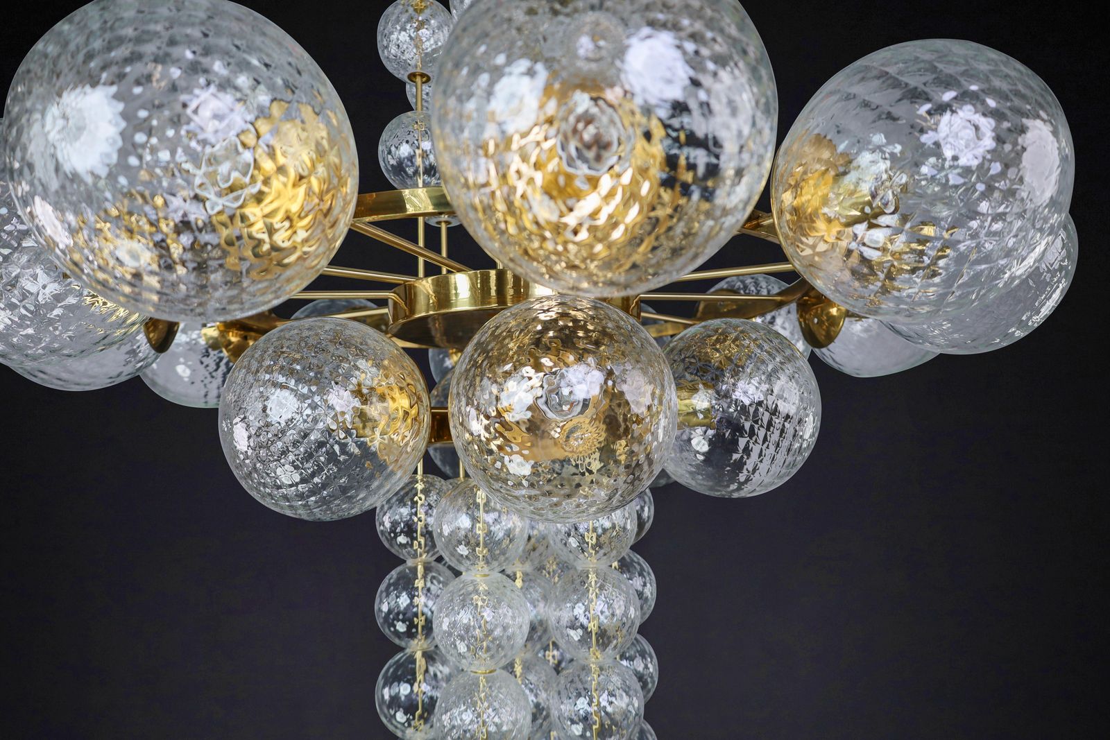 Large Chandelier With Brass Fixture And Hand Blowed Glass Globes By Preciosa Cz. photo vintage