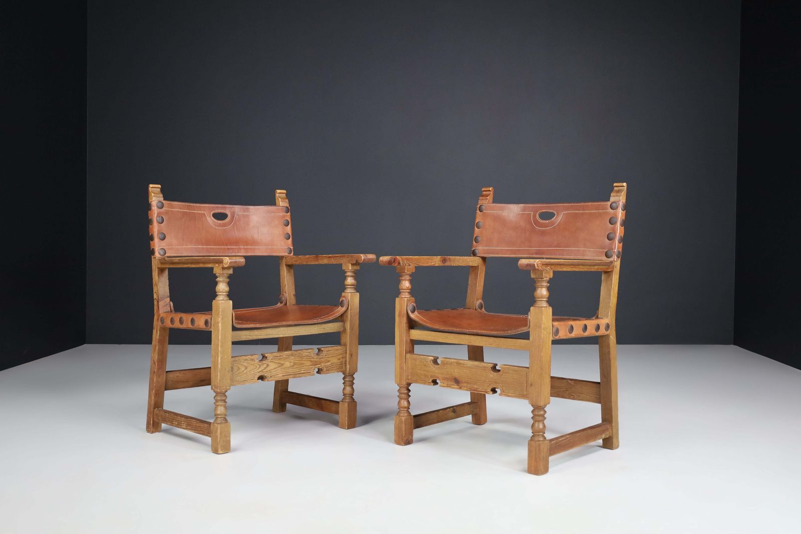Pine And Saddle Leather Arm Chairs, France, 1940s photo furniture