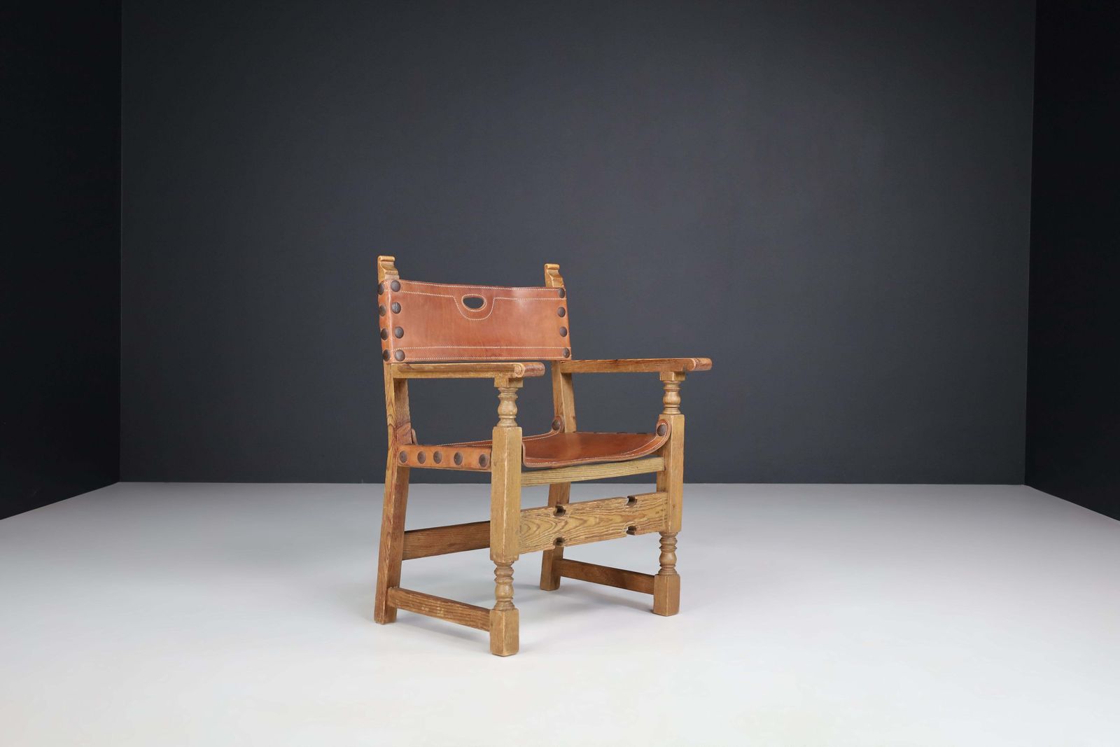 Pine And Saddle Leather Arm Chairs, France, 1940s photo 2726.0