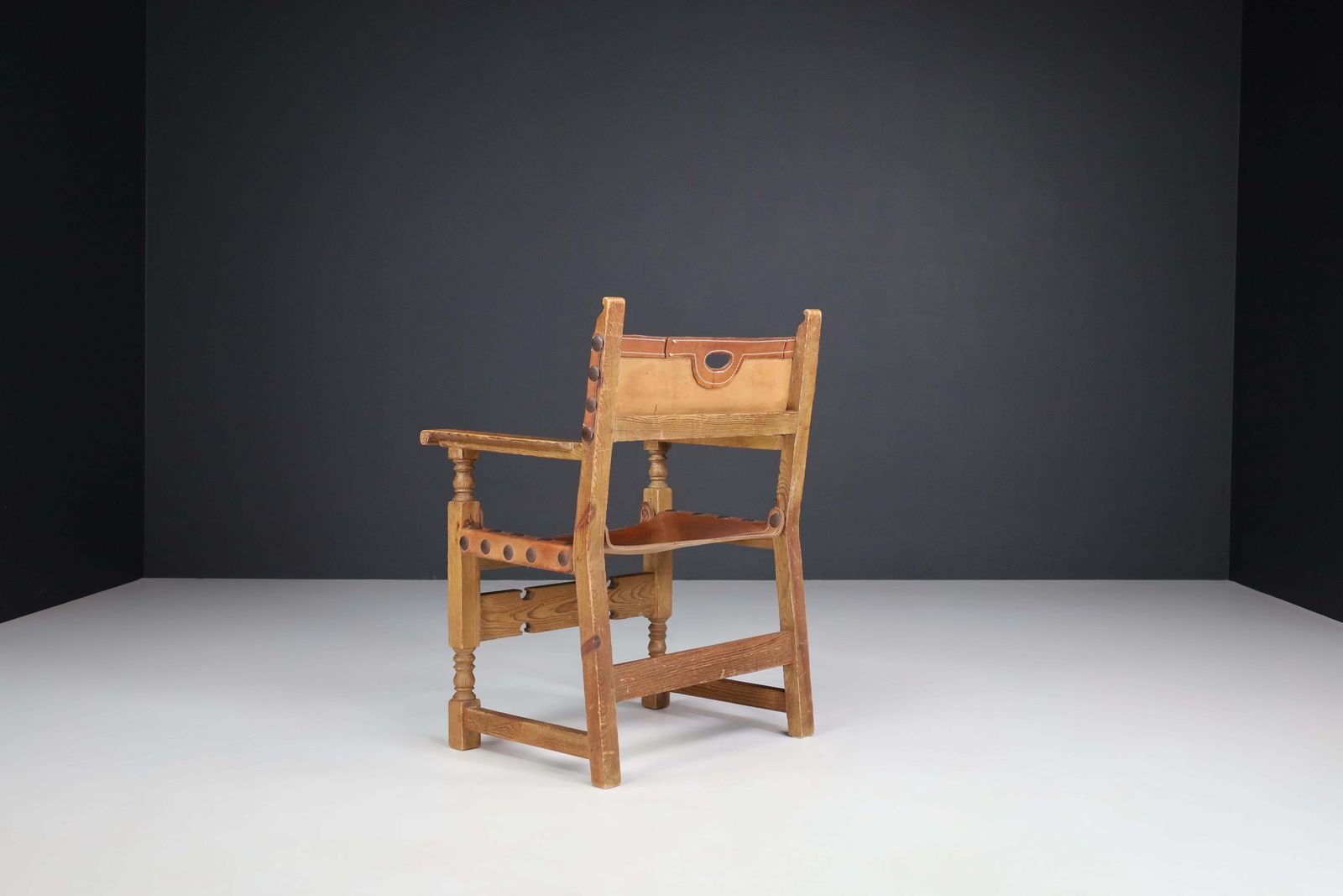 Pine And Saddle Leather Arm Chairs, France, 1940s photo vinterior