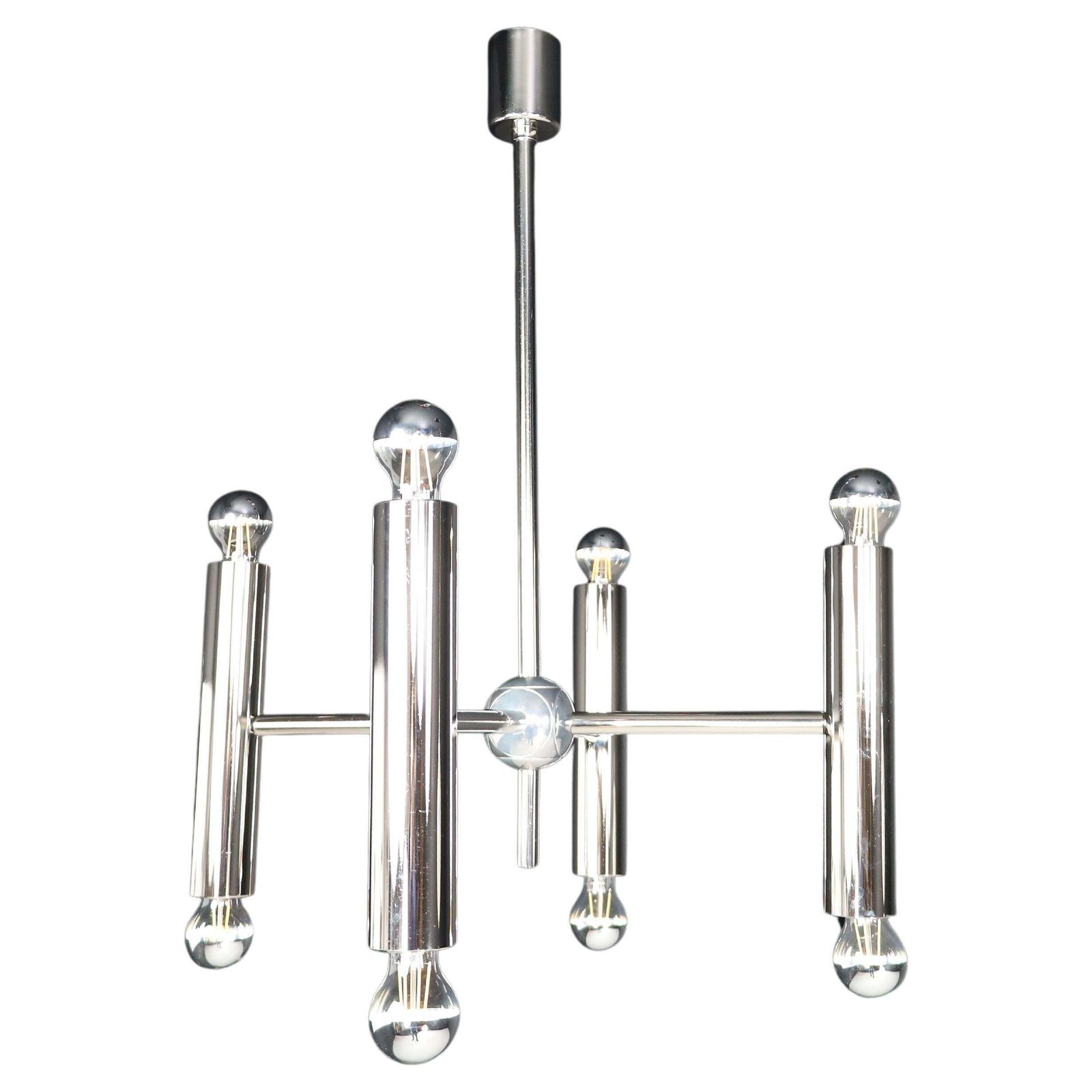 Mid Century Modern Chandelier In Polished Steel With Eight Lights, Germany 1960