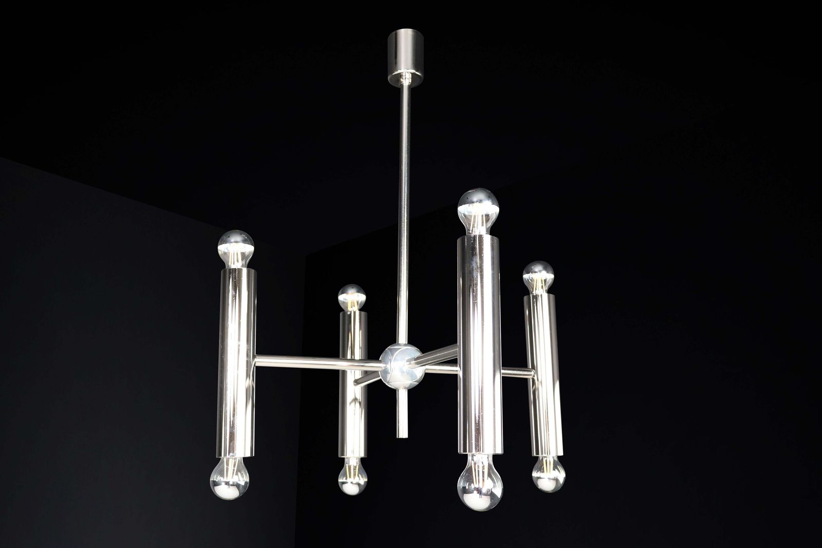 Mid Century Modern Chandelier In Polished Steel With Eight Lights, Germany 1960 photo furniture