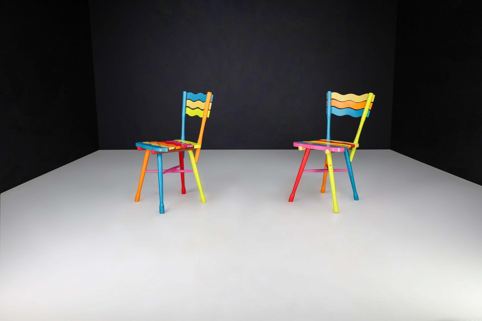Pair Of Mid Century French Folk Art Painted Beechwood Chairs, France, 1960s photo vinterior