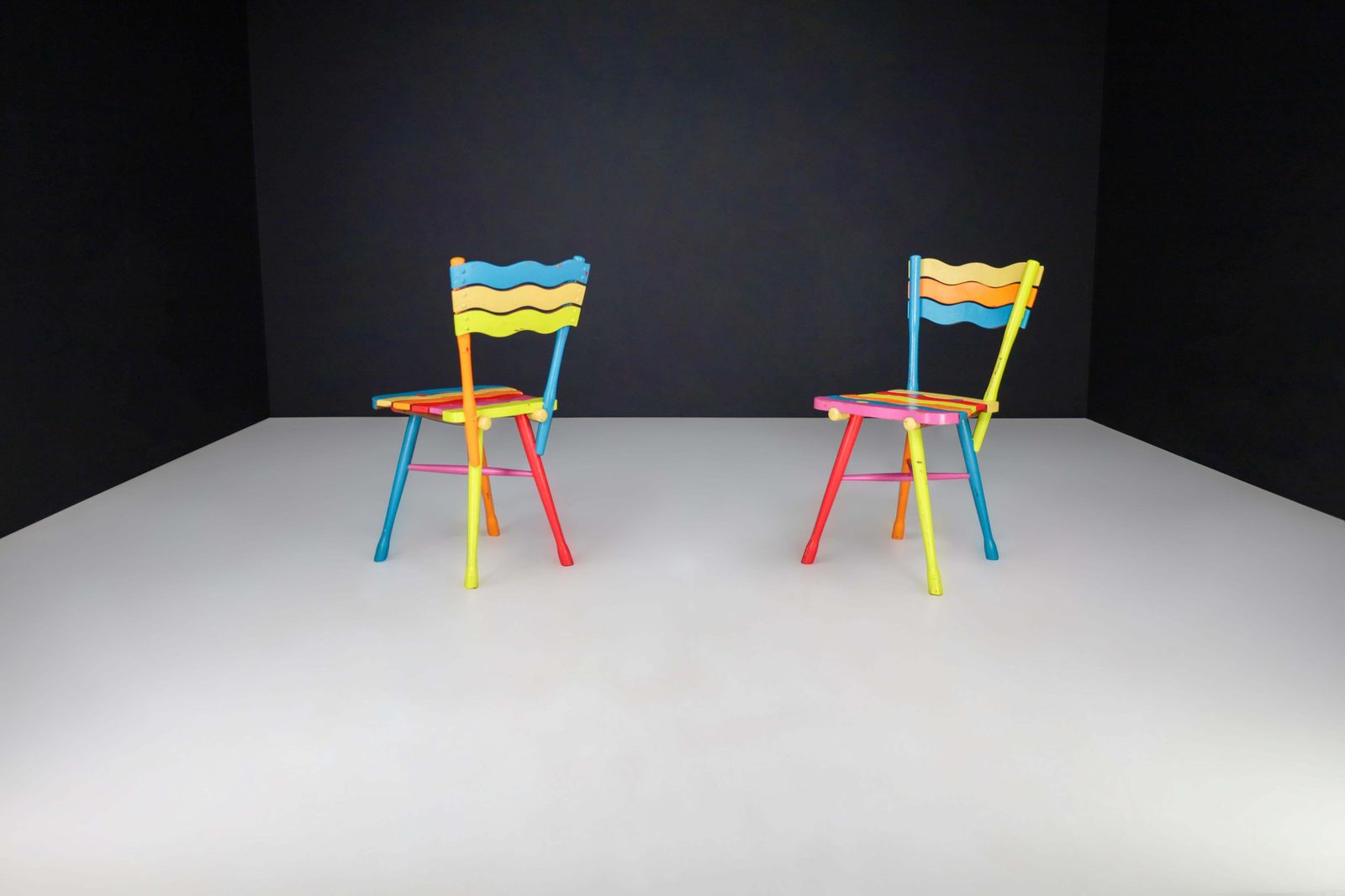 photo for sale Pair Of Mid Century French Folk Art Painted Beechwood Chairs, France, 1960s
