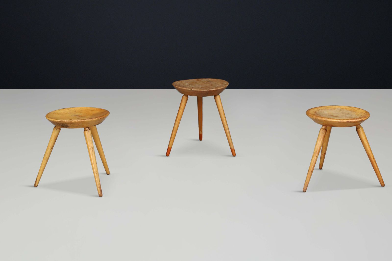 Set Of Three Rustic Mid Century Tripod Stools In Solid Wood, France, 1950s photo vinterior