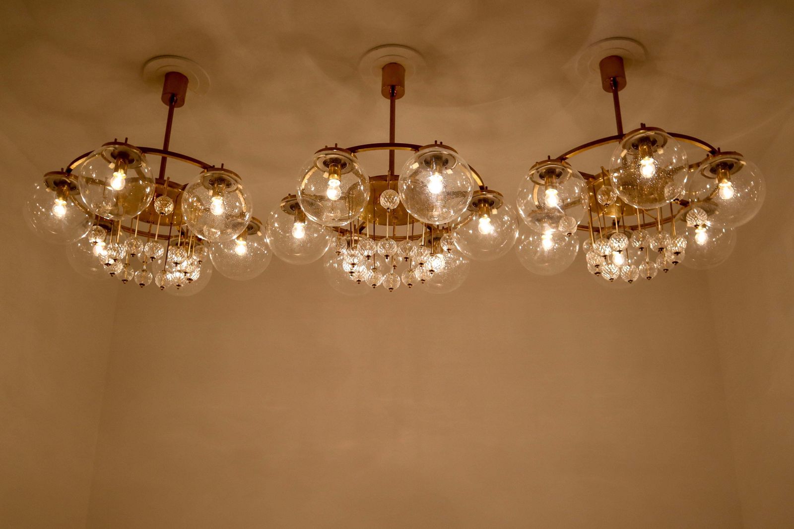 Hotel Chandelier, In Brass And Glass, Austria 1950s photo buy