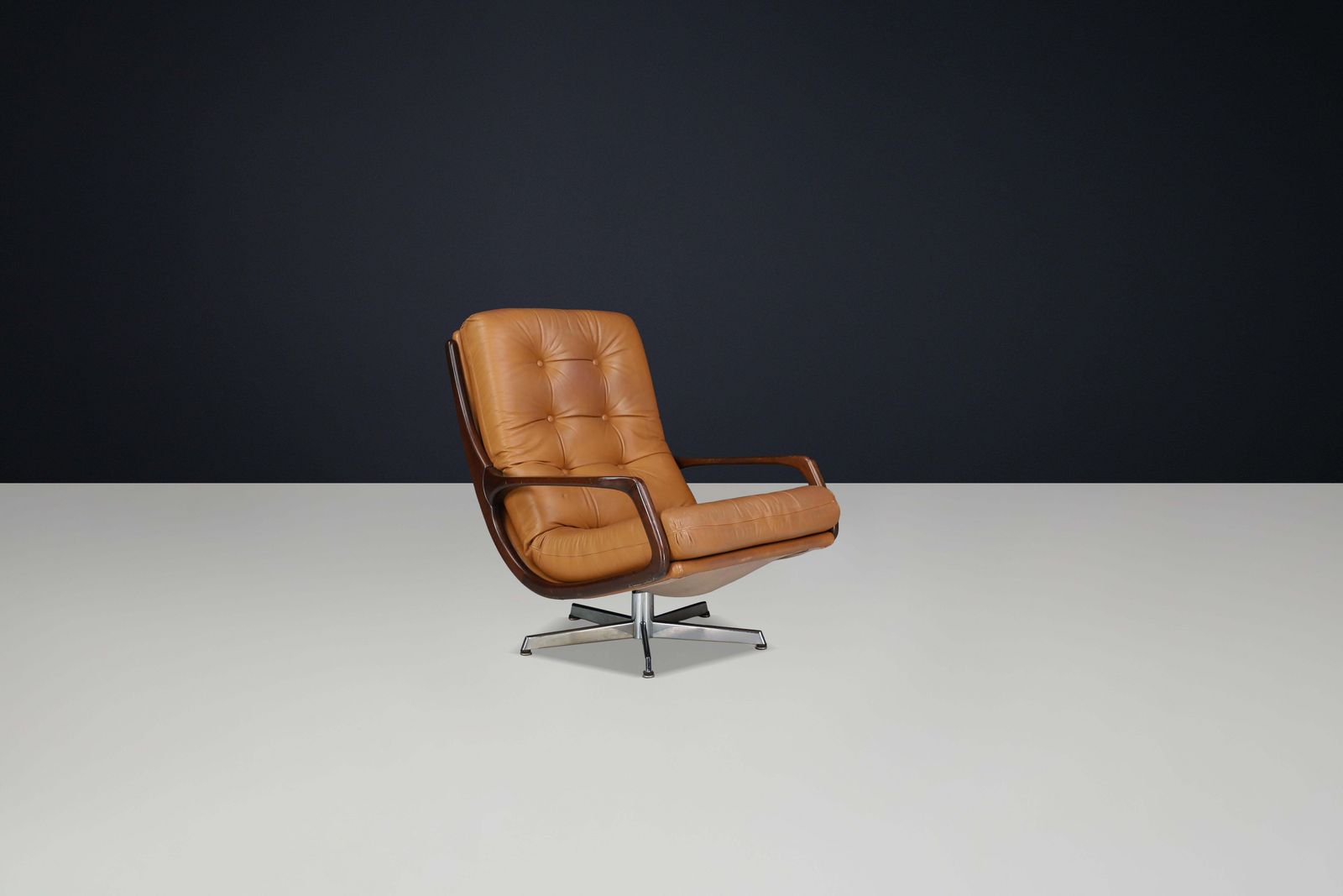 Eugen Schmidt Swivel Lounge Chair And Ottoman In Cognac Leather, Germany, 1970s photo vinterior
