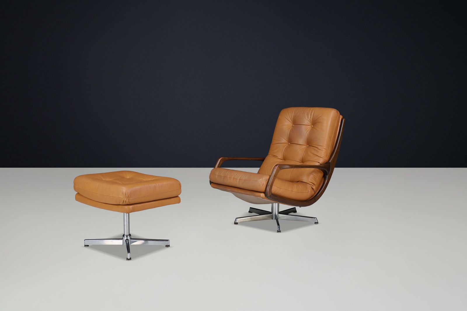 Eugen Schmidt Swivel Lounge Chair And Ottoman In Cognac Leather, Germany, 1970s photo vintage