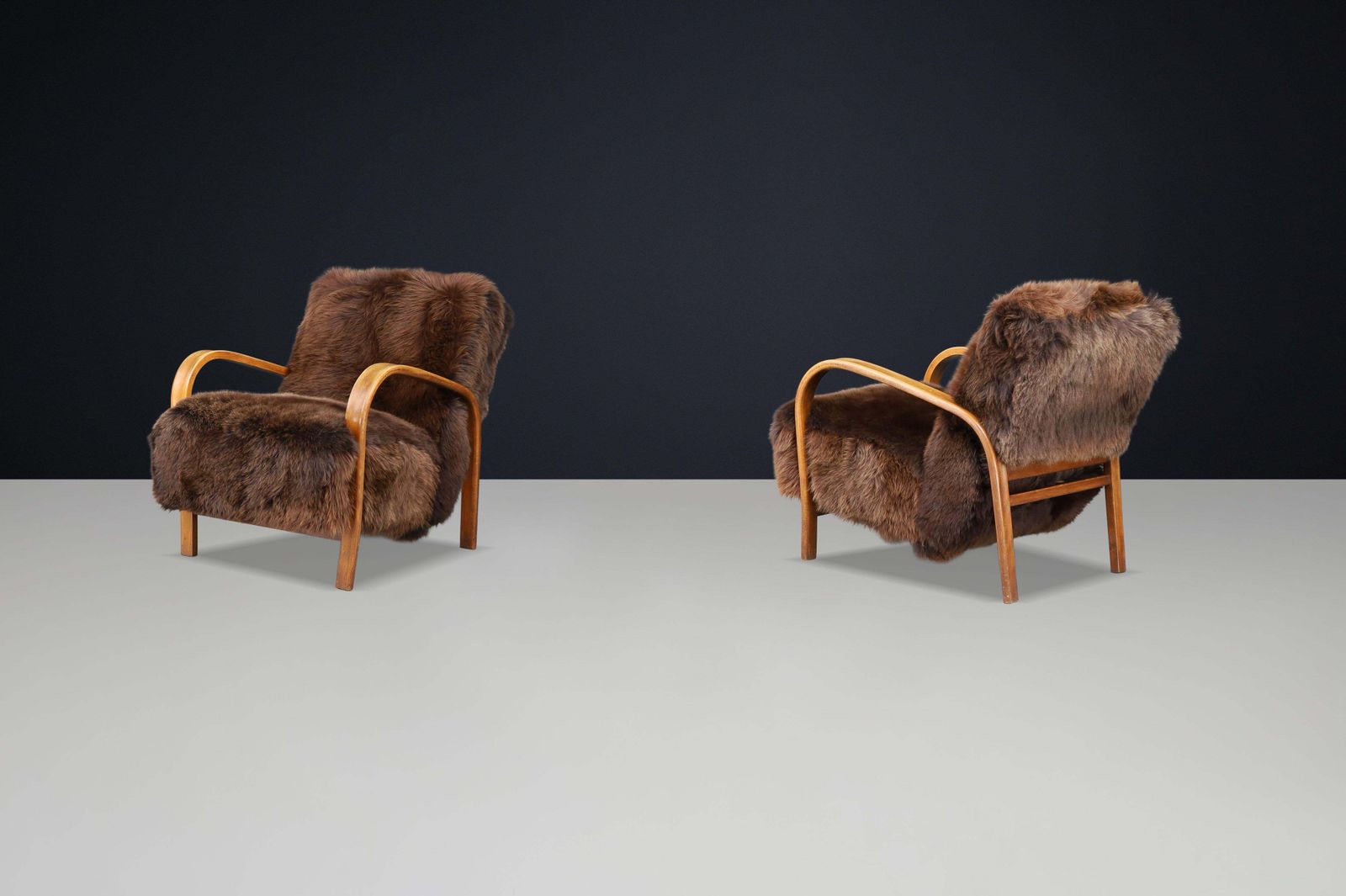 1940s Kozelka & Kropacek Armchairs In Texel Sheepskin & Honey Blond Bentwood photo Furniture