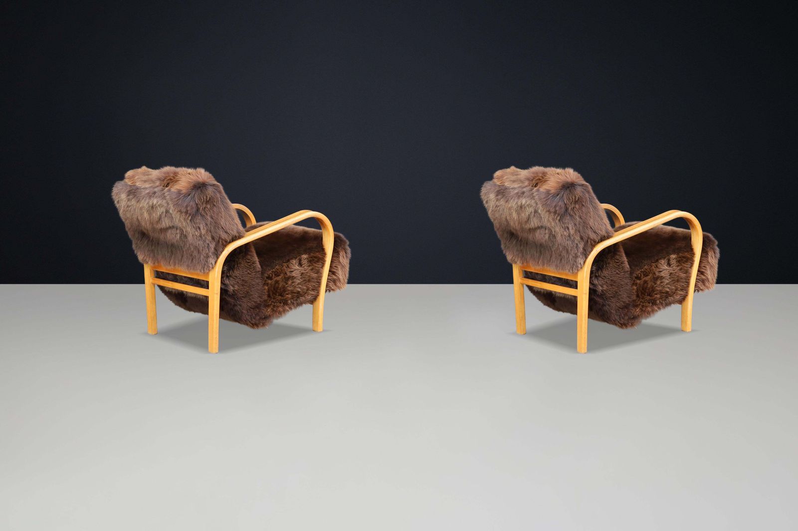 1940s Kozelka & Kropacek Armchairs In Texel Sheepskin & Honey Blond Bentwood photo vintage