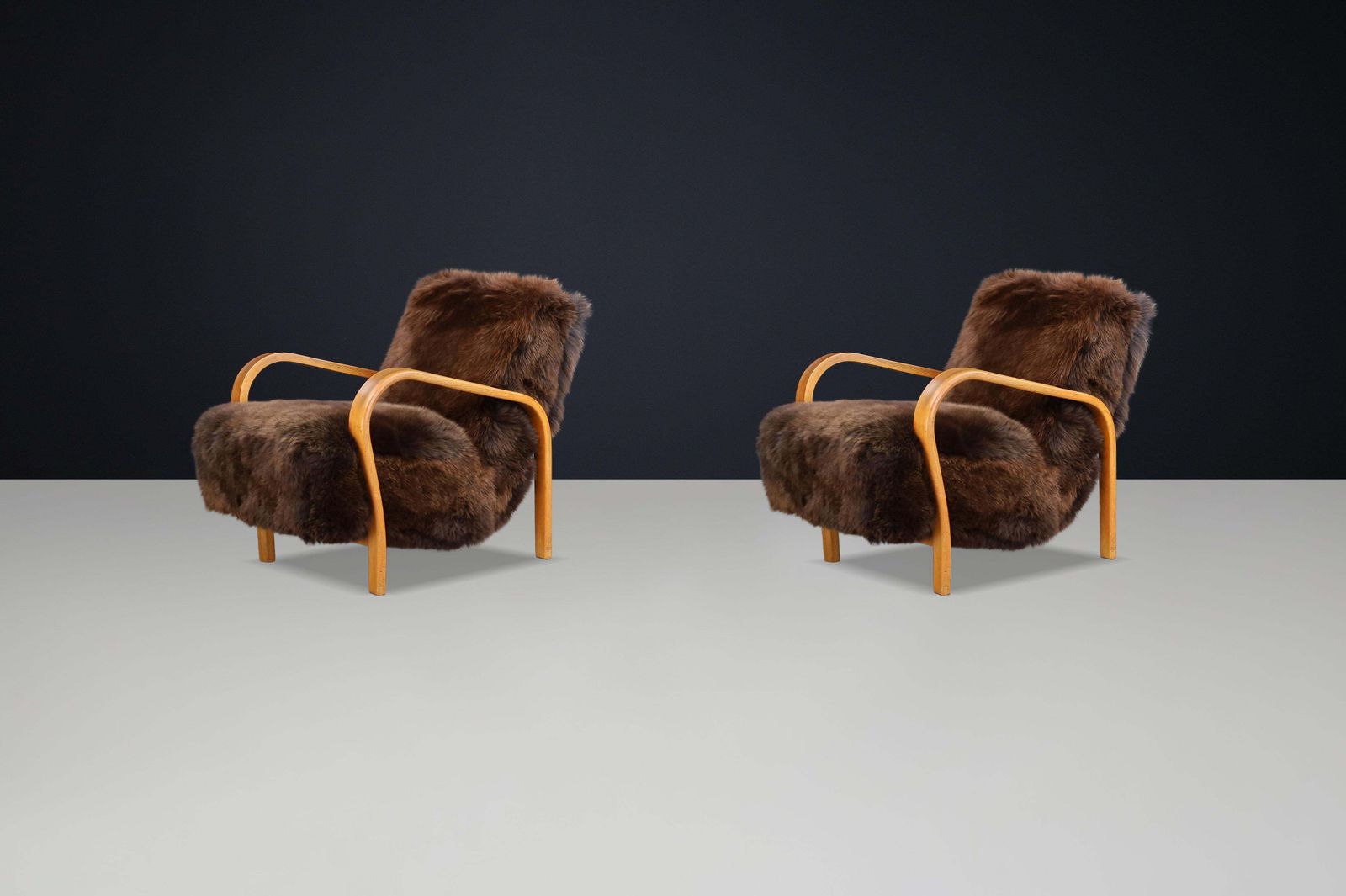 6038.0 1940s Kozelka & Kropacek Armchairs In Texel Sheepskin & Honey Blond Bentwood photo