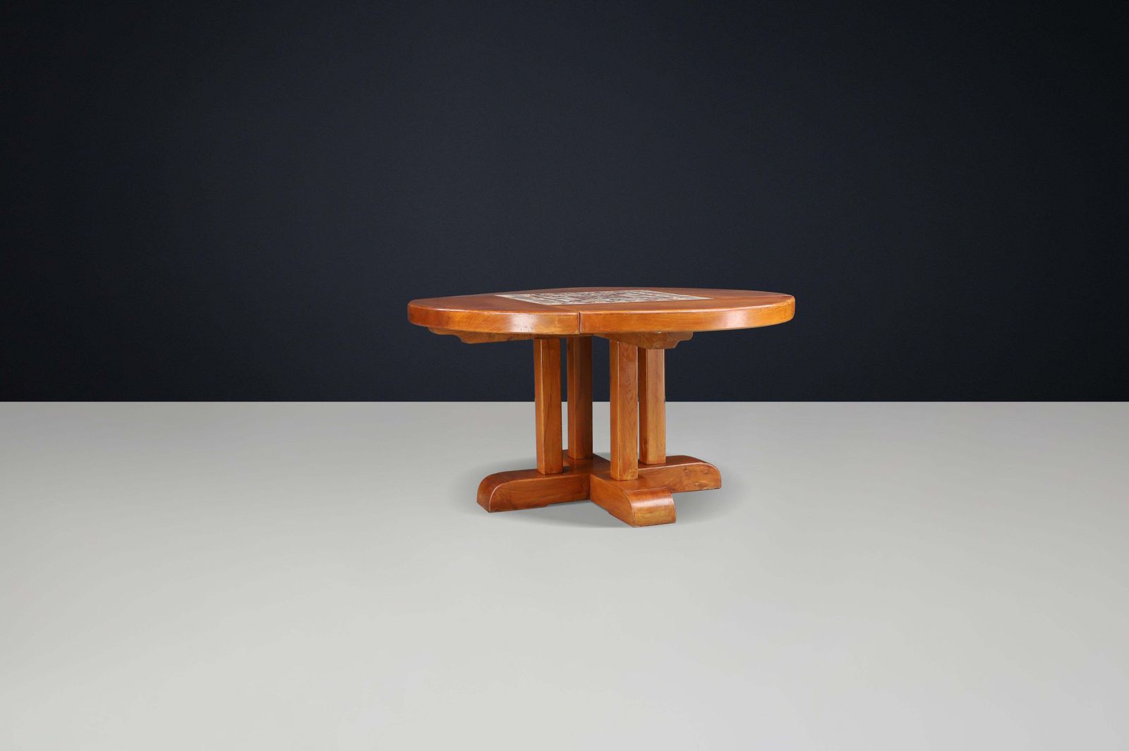 photo furniture Mid Century French Elm And Ceramic Dining Table By A. Picard, 1970s