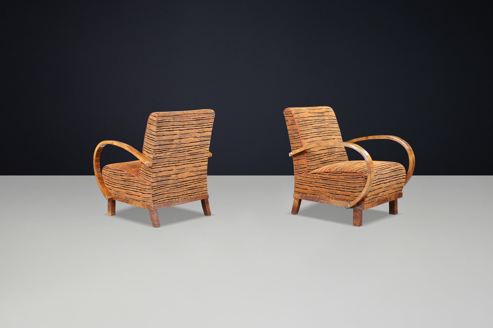 Striking Pair Of Austrian Art Deco Lounge Chairs In Walnut With New Tiger Fabric photo Furniture