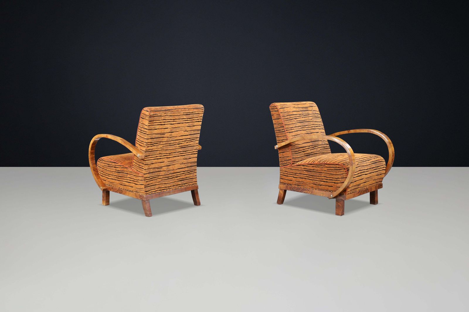 Striking Pair Of Austrian Art Deco Lounge Chairs In Walnut With New Tiger Fabric photo buy