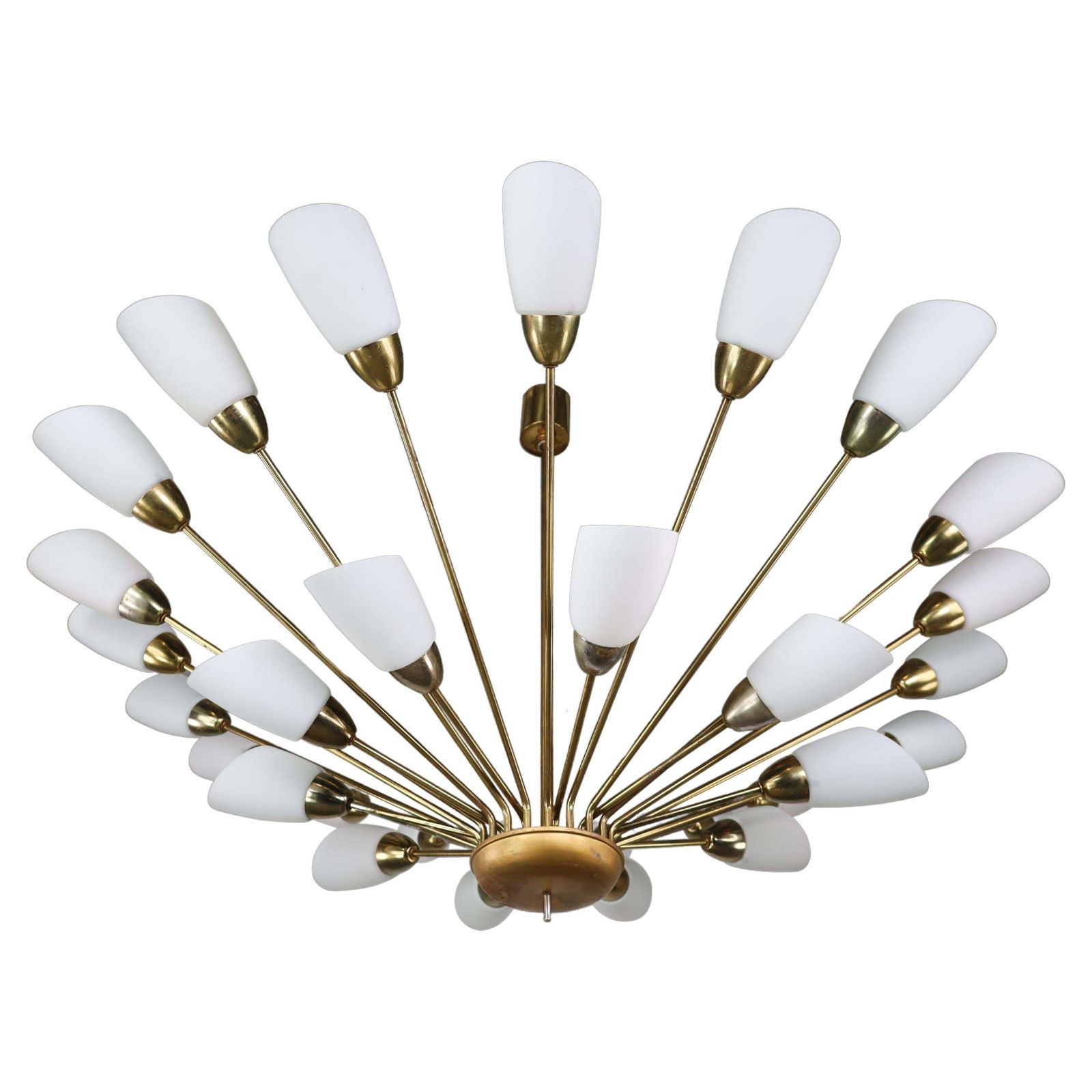 Large Midcentury Spider Form Sputnik Chandelier In Brass And  30 Opaline Shades
