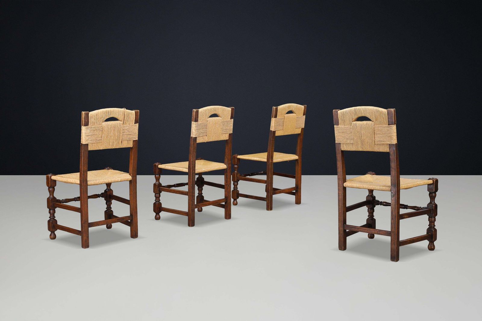 Set Of 4 French Oak Dining Chairs With Rope Seats, 1940s photo Furniture