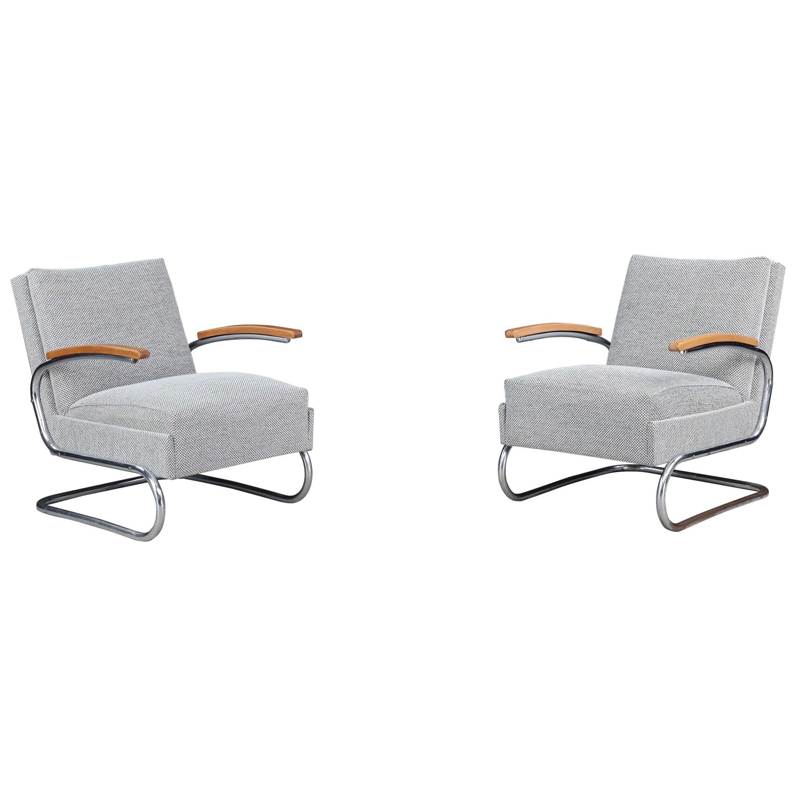 Pair Of Reupholstered Bauhaus Thonet Cantilever Armchairs In Tubular Steel, 1935