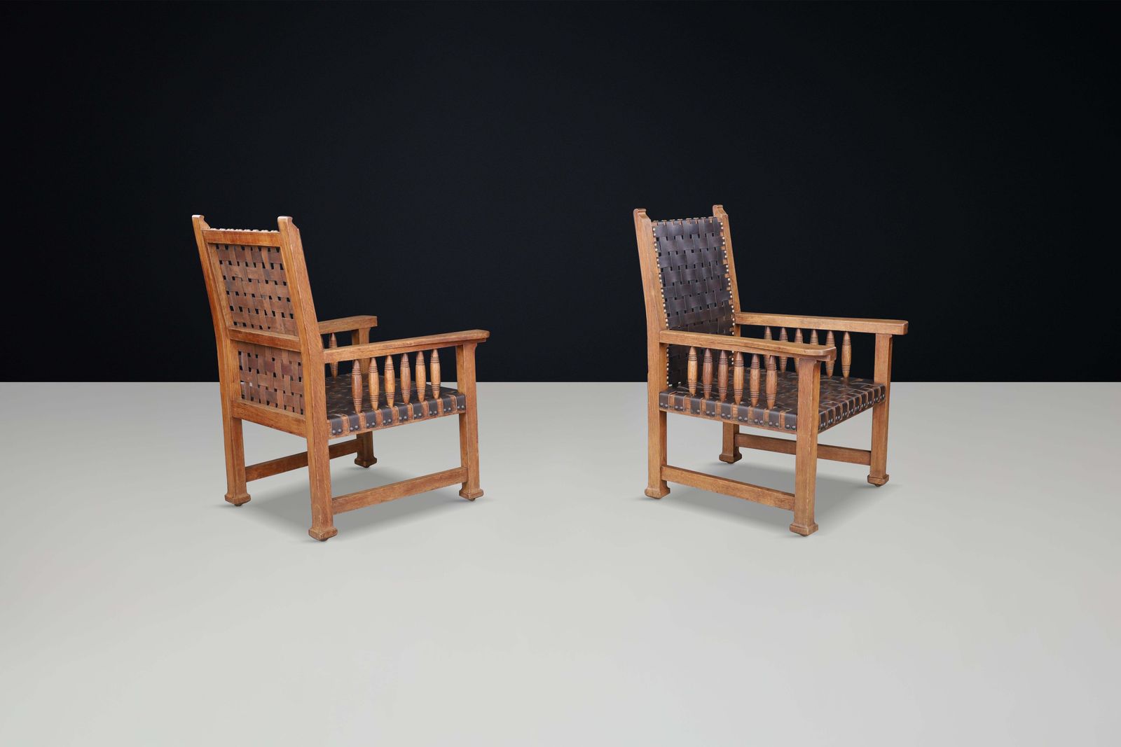 A Pair Of Leather And Oak Armchairs From France, 1950s. photo 4830.0