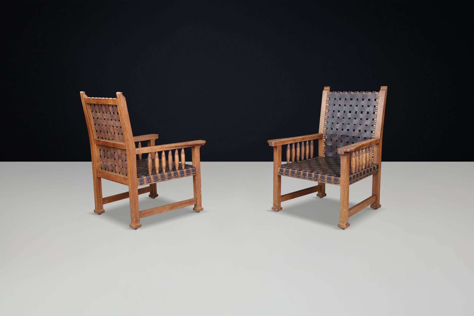 A Pair Of Leather And Oak Armchairs From France, 1950s. photo buy