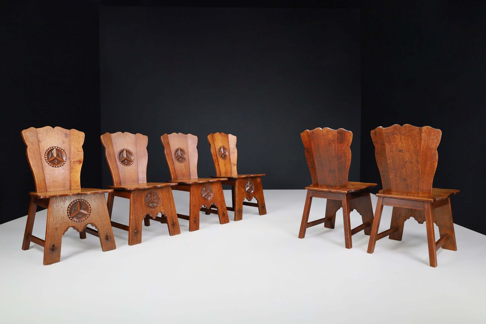 Set Of Six Rural Oak Dining Chairs, Spain, 1950s photo for sale