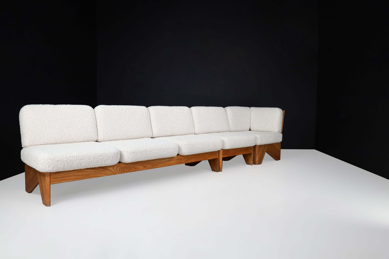 Mid Century Modern Modular Sofa In Elmwood And Bouclé, France, 1970s photo furniture