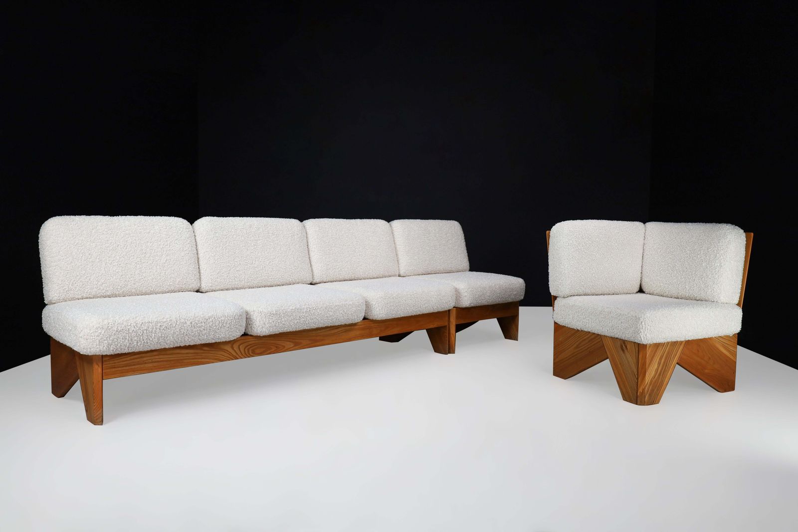 Mid Century Modern Modular Sofa In Elmwood And Bouclé, France, 1970s photo 8096.0