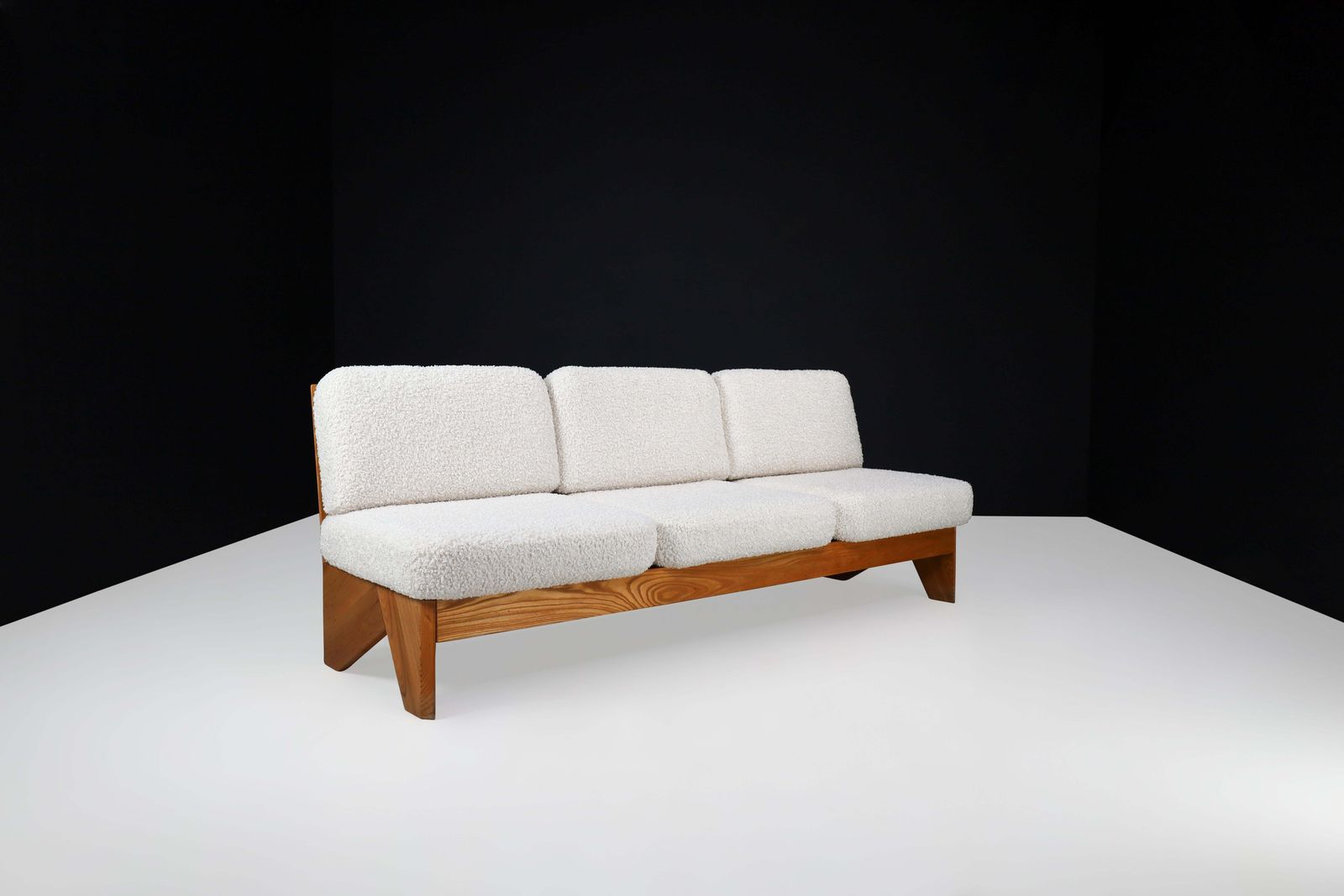 Mid Century Modern Modular Sofa In Elmwood And Bouclé, France, 1970s photo vinterior