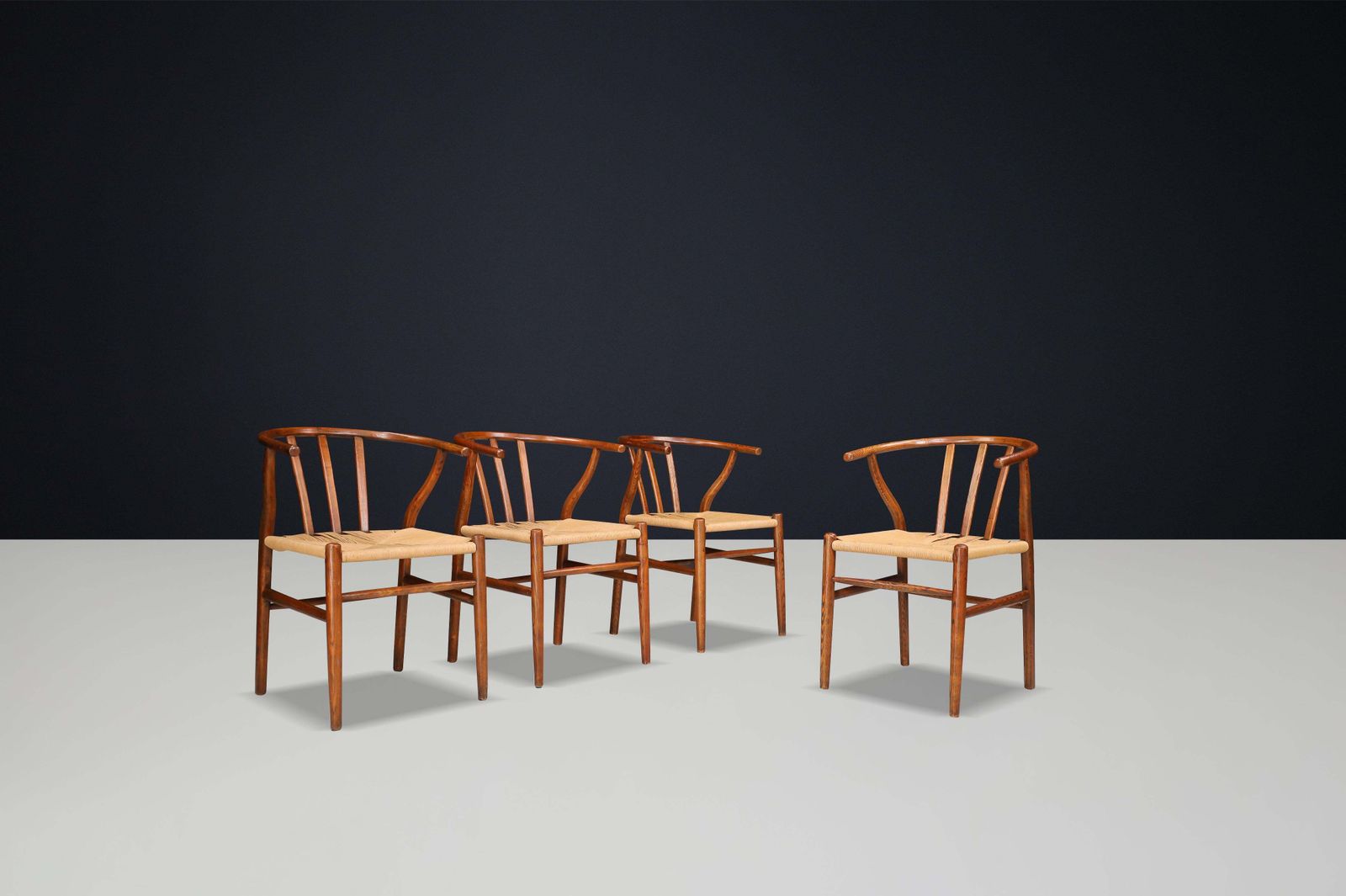 Furniture Wicker And Oak Armchairs In The Style Of Hans J. Wegner Wishbone Chair Denmark photo