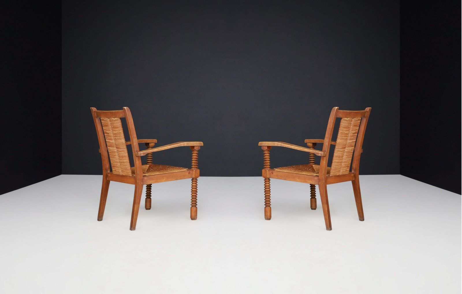 Charles Dudouyt Patinated Oak And Rush Armchairs, France 1940s photo 3423.0