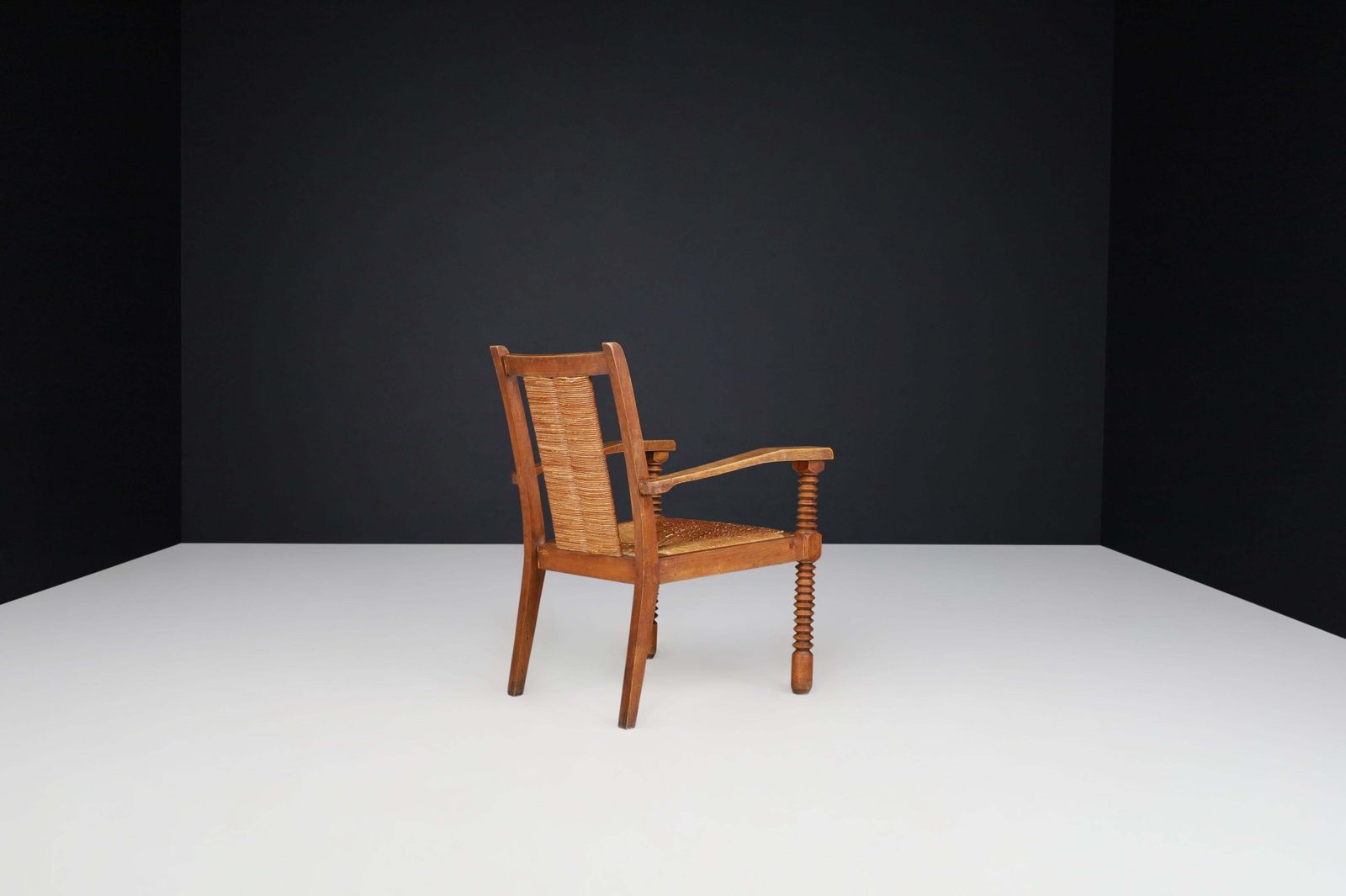 Charles Dudouyt Patinated Oak And Rush Armchairs, France 1940s photo buy