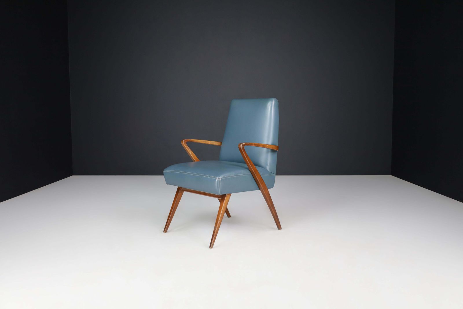 Mid Century Modern French Armchair In Blue Leather, 1950s photo furniture