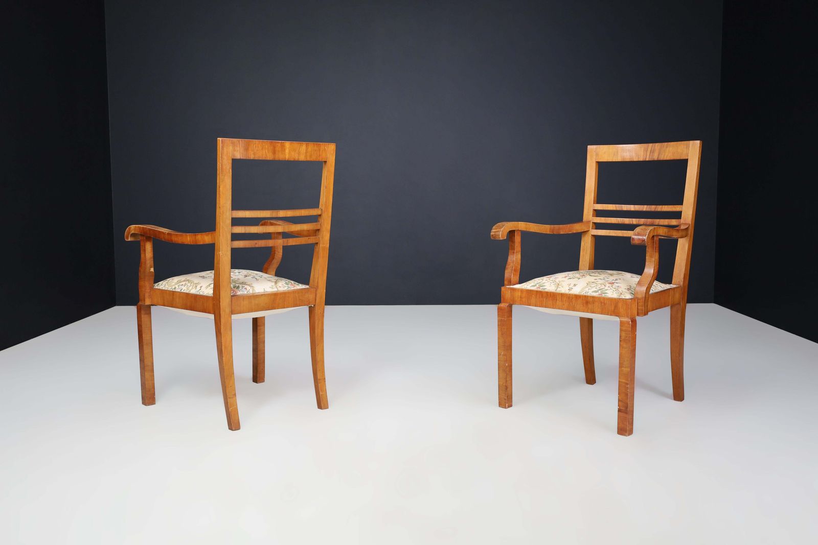 Walnut Art Deco Armchairs Featuring Original Floral Upholstery, Cz 1930 photo vinterior