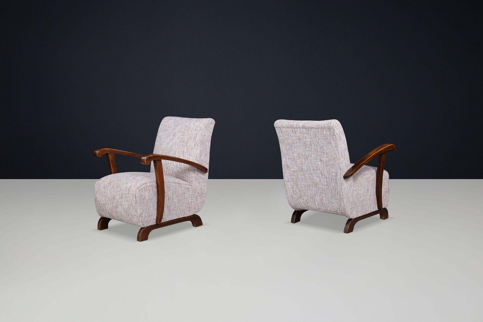 Art Deco Lounge Chairs In Patinated Beechwood And Multicolor Fabric, Cz 1940s photo for sale