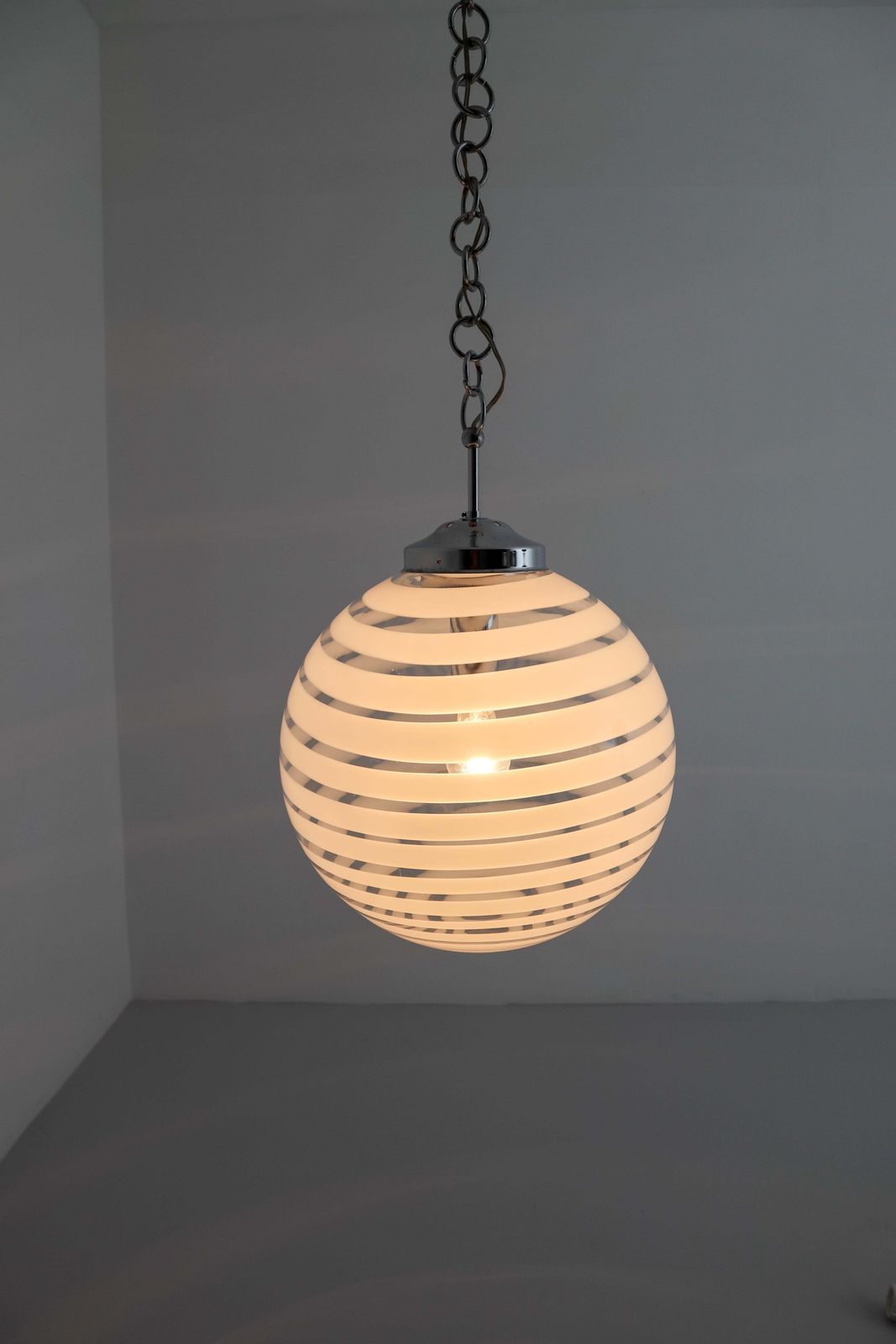 Midcentury Pendant In Chrome And Art Glass With White Streaks, Germany, 1970s photo vintage