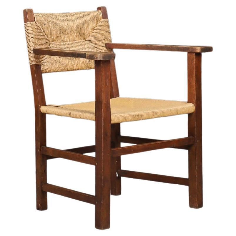 Rustic French Provincial Oak And Rush Armchair, 1940s