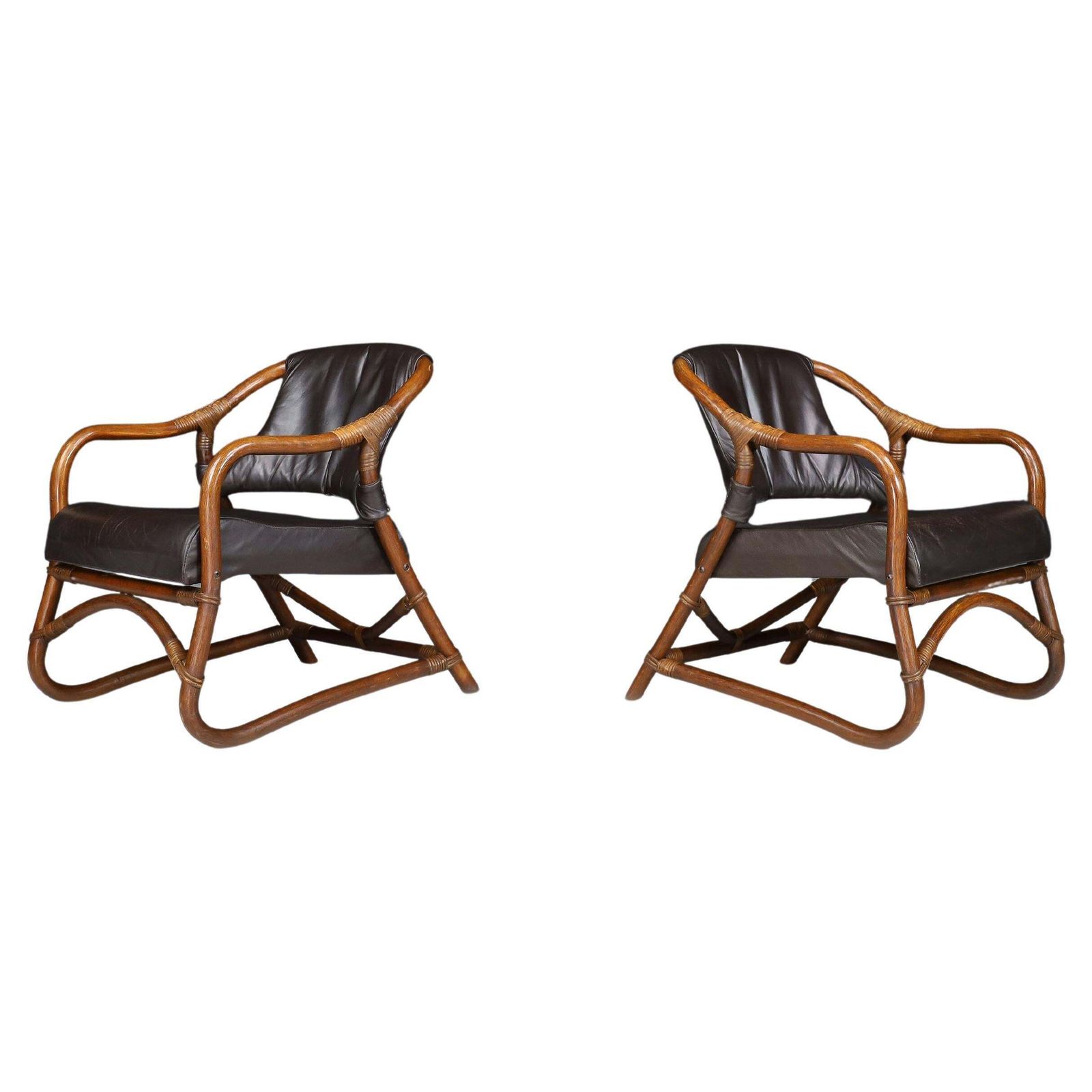 Pair Of "Manilla" Lounge Chairs In Bamboo And Leather By Horsnæs, 1960s Denmark