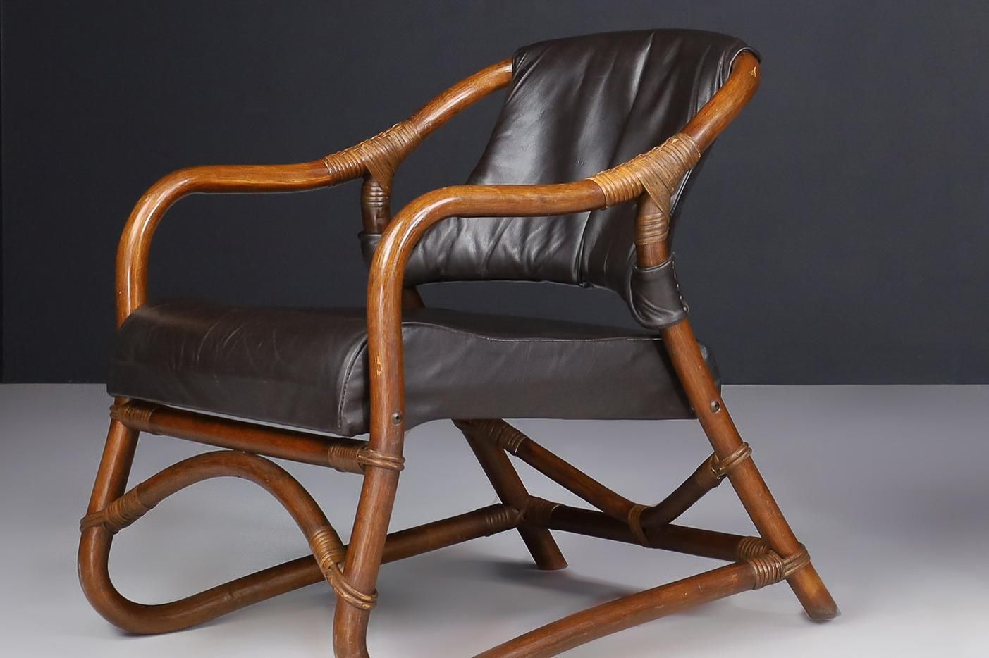 photo for sale Pair Of "Manilla" Lounge Chairs In Bamboo And Leather By Horsnæs, 1960s Denmark