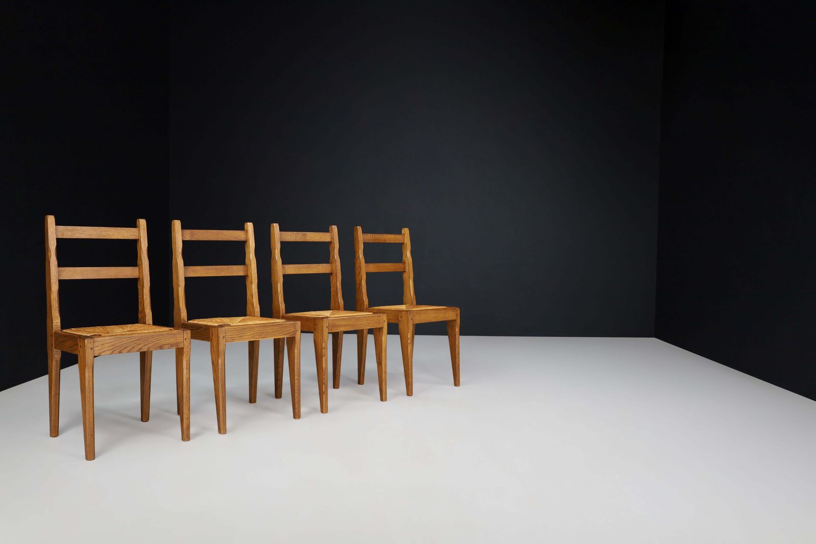 Midcentury Dinning Room Chairs In Oak And Rush Made In France 1960 photo vinterior
