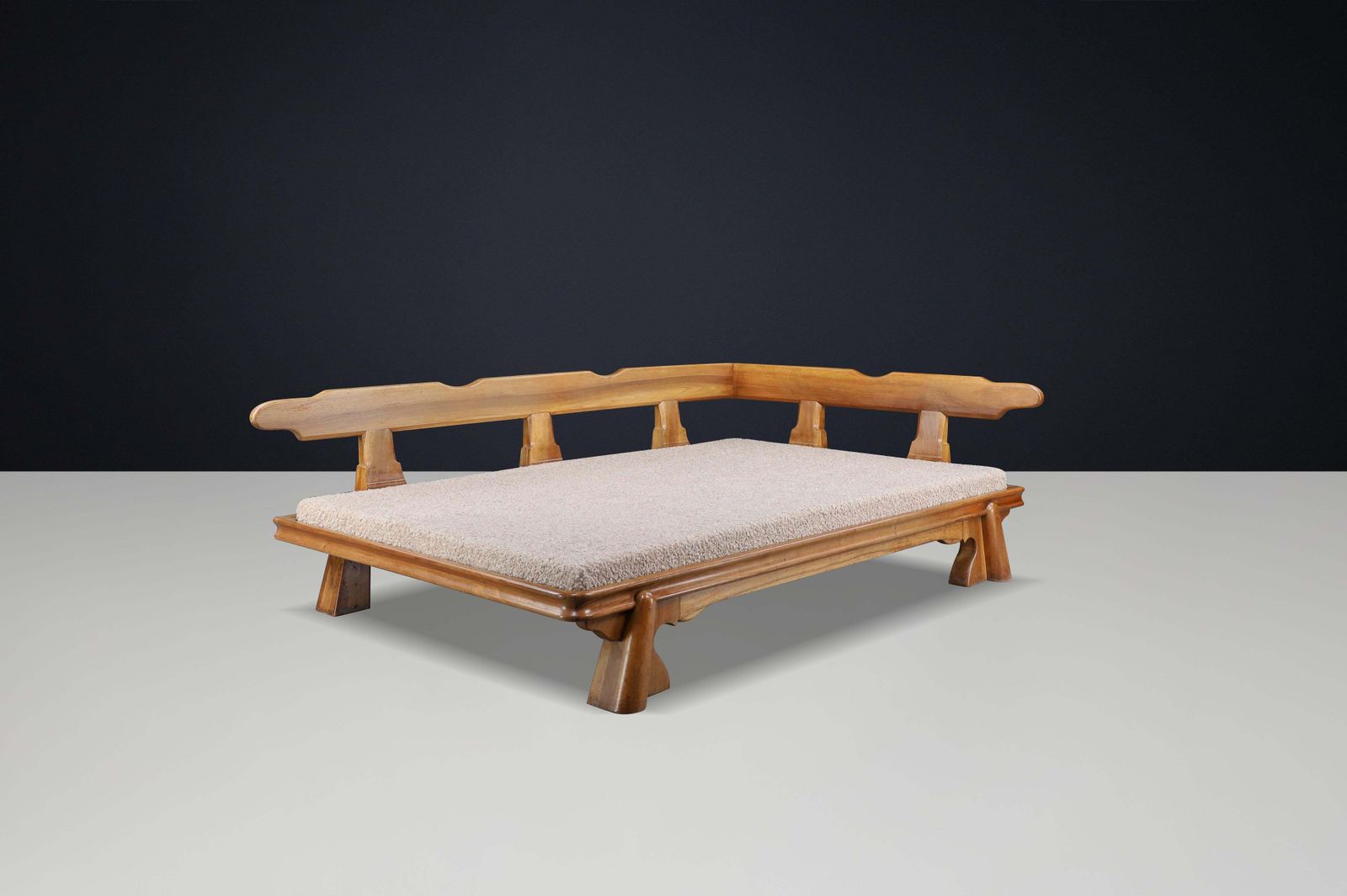 Monumental French Brutalist Walnut Daybed, Sculptural With Bouclé Upholstery. photo furniture